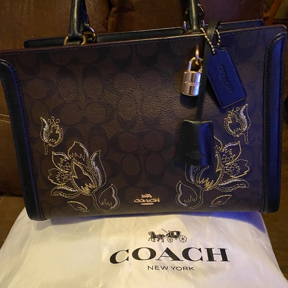Coach Handbags - Top Shelf - Coach Dark Brown Tote w/Floral Design inc, Lock & Key